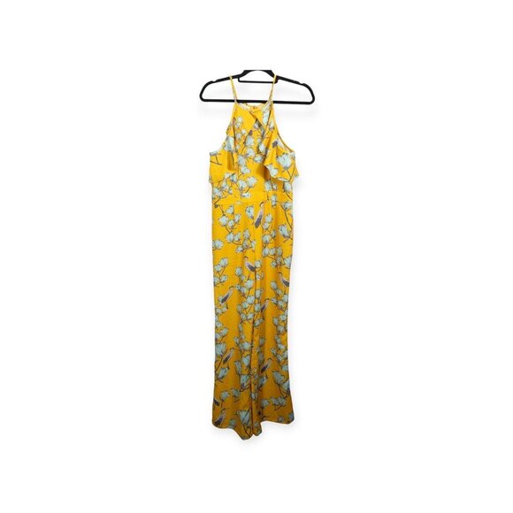Anthropologie Varun Bahl Warbler yellow ruffle trim jumpsuit SZ 8 Heron Print - Picture 1 of 10